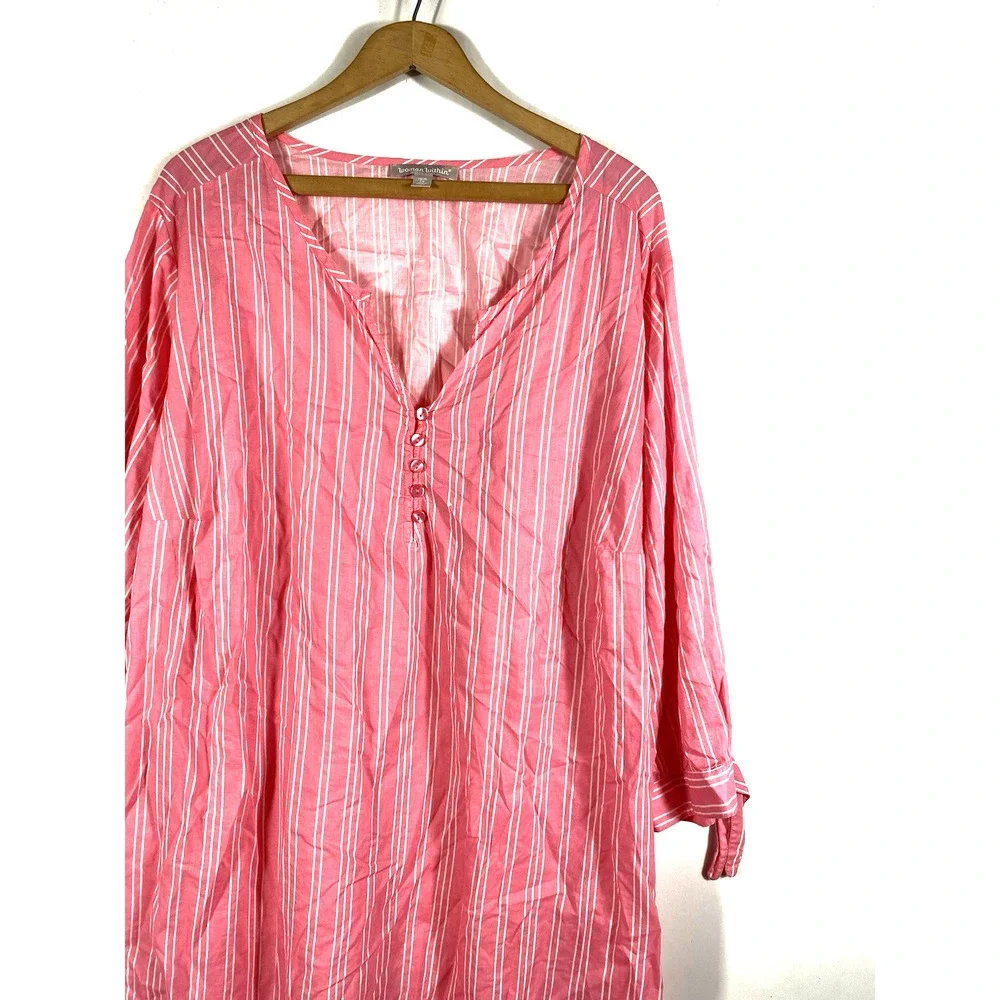 Woman Within Tunic Top 2X 26/28 Pink White French Ticking Stripe Preppy Coastal - Picture 6 of 11